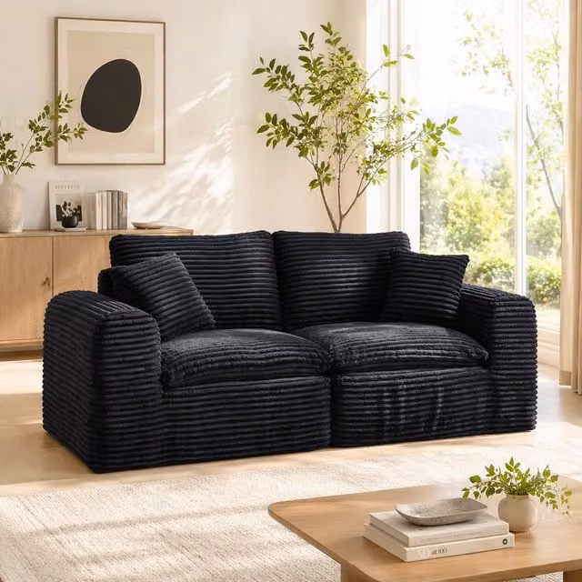 Divano angolare modulare Mivray in velluto a coste nero e blu con funzione letto per il tuo soggiorno
