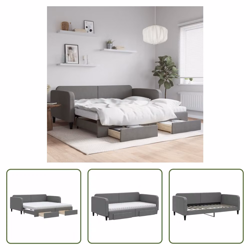 The Living Store Letto da giorno allungabile con cassetti grigio scuro 100x200 cm tessuto