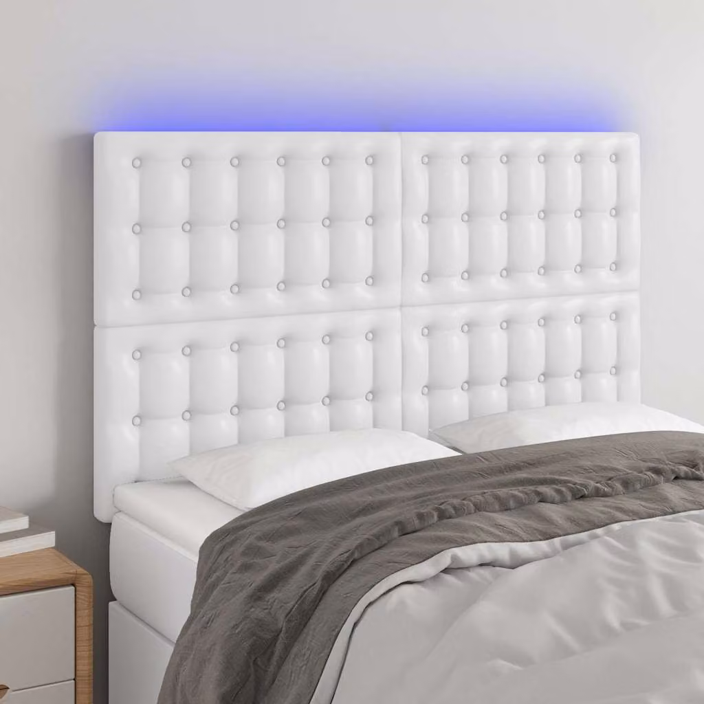 Testiera per letto vidaXL in similpelle bianca con illuminazione LED e porta di ricarica USB, L: 144 cm, P: 5 cm, H: 118/128 cm