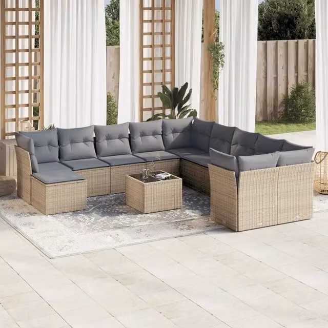 Set di divani da giardino VIDAXL a forma di U in polyrattan con cuscini beige e grigi, composto da 12 pezzi