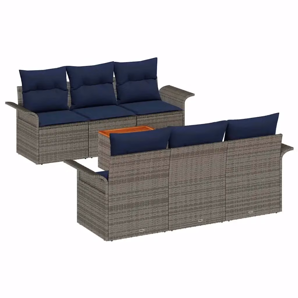 Set da giardino moderno vidaXL composto da 7 pezzi in rattan grigio con divano a 3 posti, elementi angolari, tavolino da esterno e cuscini inclusi – 2