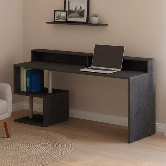 Scrivania Aurigo DMORA con ripiani portaoggetti, Scrittoio ufficio moderno in MDF color Antracite, L: 180 cm, P: 92,5 cm, H: 60 cm