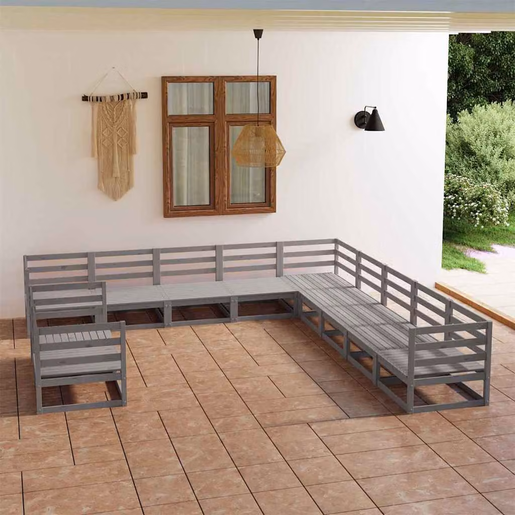 Set di divani da giardino vidaXL in legno di pino massello grigio, 11 pezzi, composizione a L con stile rustico