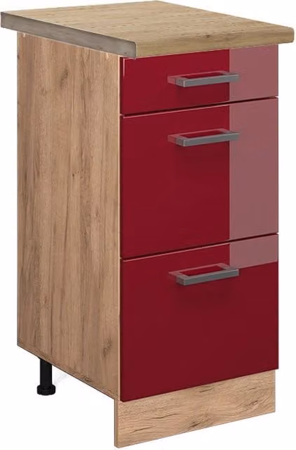 Mobiletto base per cucina R-Line Rosso lucido/Rovere dorato 40 cm con cassetti, PL Rovere Vicco