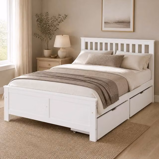 Letto matrimoniale 140x200 cm in legno massello con 2 cassetti; bianco