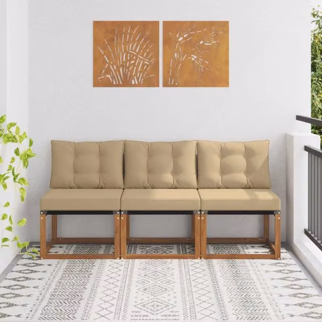 Set di 3 divani centrali da esterno vidaXL in legno di acacia con cuscini beige per giardino, balcone o terrazza