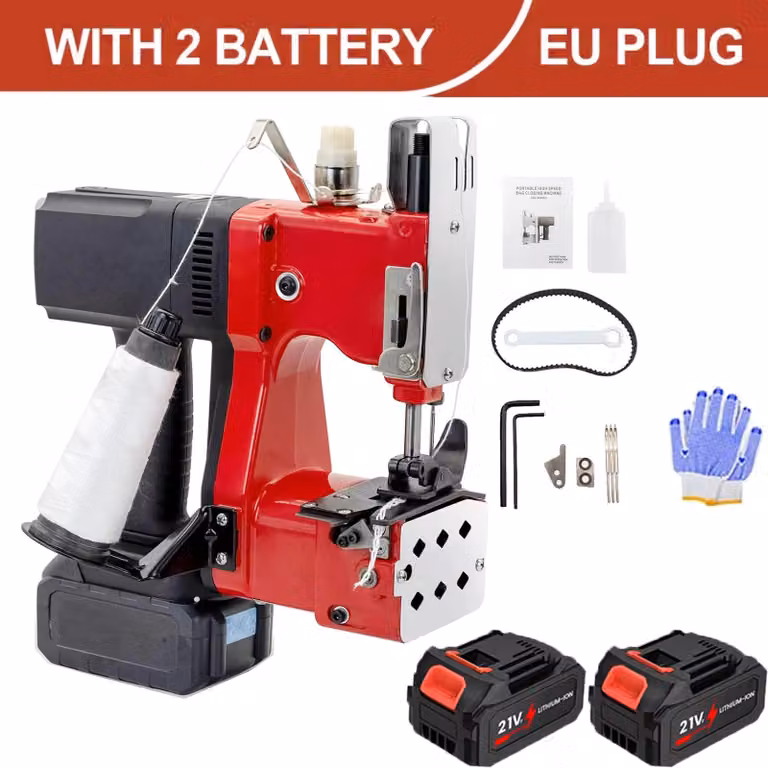 Saldatrice elettrica per sacchi - Macchina da cucire portatile per la chiusura di sacchi - 2 batterie - Caricatore automatico dell'ago - Adatta per sacchi di tessuto - Alta velocità - Motore brushless