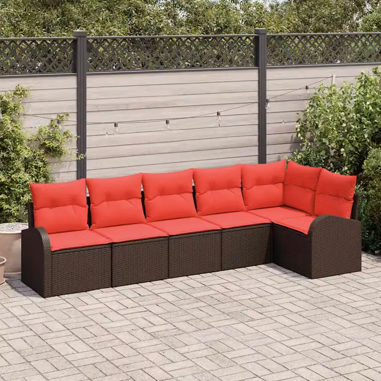 Set Divano da Giardino vidaXL 6 pz a Forma a L con Cuscini Marrone e Rosso