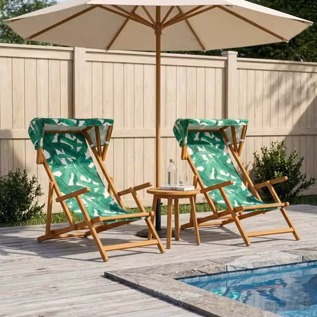 Set di 2 lettini da giardino vidaXL in legno di eucalipto trattato con tendalino parasole a fantasia floreale multicolore – 1