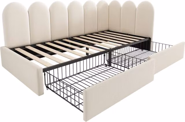 Letto singolo imbottito con cassetti in velluto beige 90x200 cm senza materasso con rete a doghe