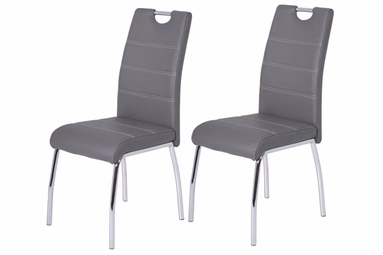 Hela Tische, set di 2 sedie da pranzo, sedia a quattro gambe Susi - Pelle finta grigia - struttura in metallo cromato - maniglia ad arco - cuciture trapuntate - portata circa 120kg