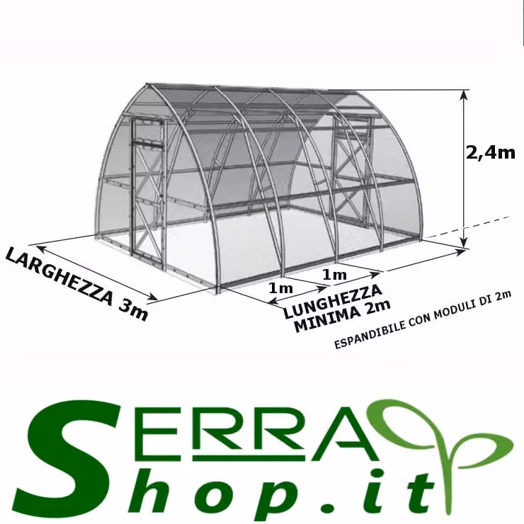 Serra Premium SERRASHOP con copertura in policarbonato alveolare da 6mm e struttura in acciaio zincato, L: 8,00 m, P: 3,00 m, H: 2,40 m – 2