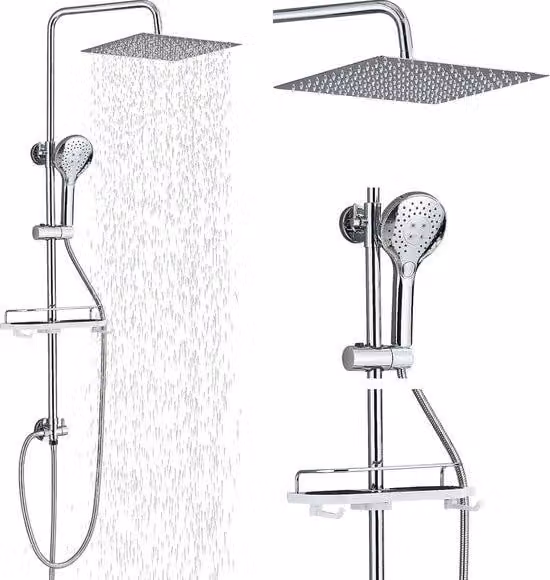 Sistema di irrigazione Unyqoos® senza miscelatore – set doccia cromato con ripiano, soffione quadrato 30x30 cm (acciaio inossidabile SUS304), doccetta con 3 getti (POM/ABS), altezza regolabile da 82 a 123 cm, tubo flessibile da 150 cm, attacco G1/2