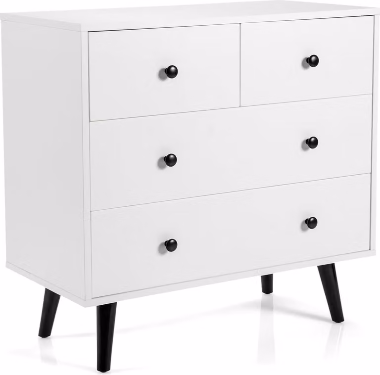 Cassettiera con 4 cassetti, cassettiera con protezione antiribaltamento e gambe stabili, mobile contenitore in legno, mobile d'accento, bianco