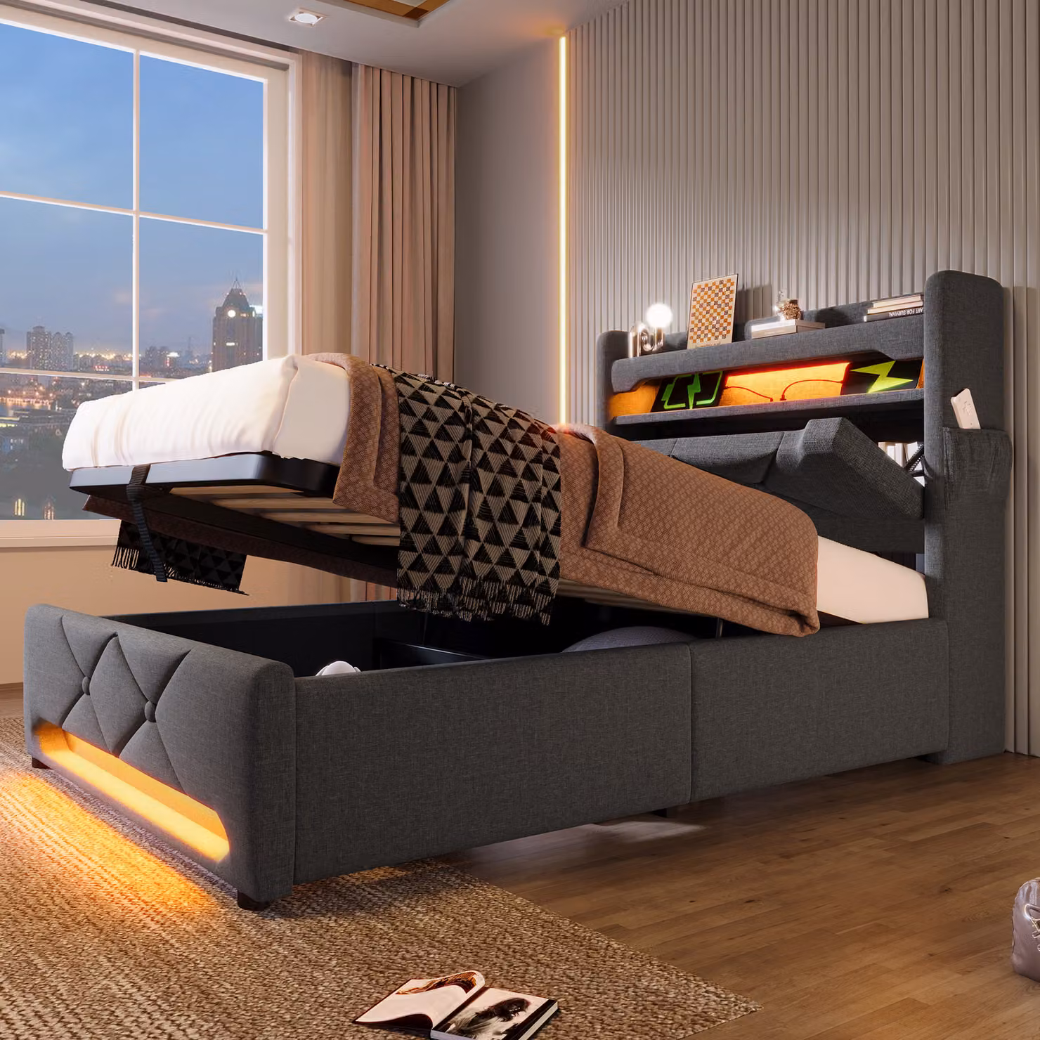 Letto imbottito Abrihome 90x200 cm con porta USB e Type-C, letto per ragazzi con contenitore e luci LED, letti con contenitore idraulico, tessuto, grigio (senza materasso)