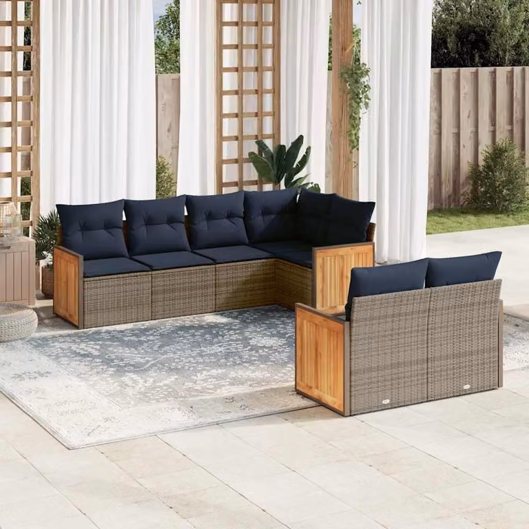 Set di divani da giardino vidaXL 7 pezzi in rattan con cuscini grigi e blu e struttura in metallo a forma di L