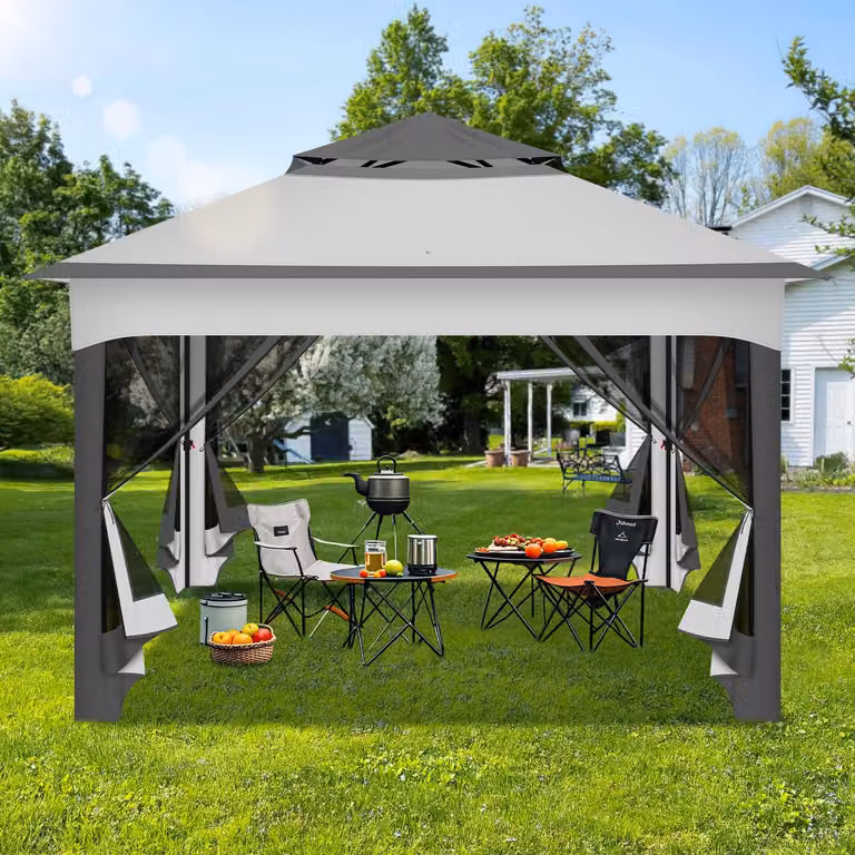 Gazebo pieghevole Izrielar Pop-up 3,3×3,3 m Gazebo da giardino con zanzariera e protezione UV – Gazebo parasole a montaggio rapido con tetto a doppia ventilazione, incl. borsa da trasporto e sacchi di sabbia, grigio