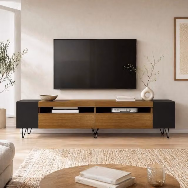 Mobile porta TV moderno REDOM con 2 ante e vani aperti, nero e effetto legno, L: 180 cm, P: 36 cm, H: 43 cm – 1