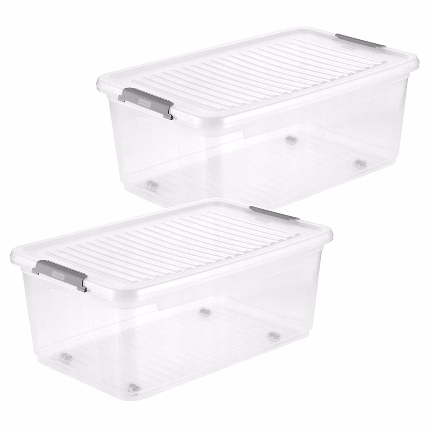 2 contenitori Leo Keeper con coperchio, capacità 37 litri, trasparenti, con ruote, coperchio con chiusura a clip