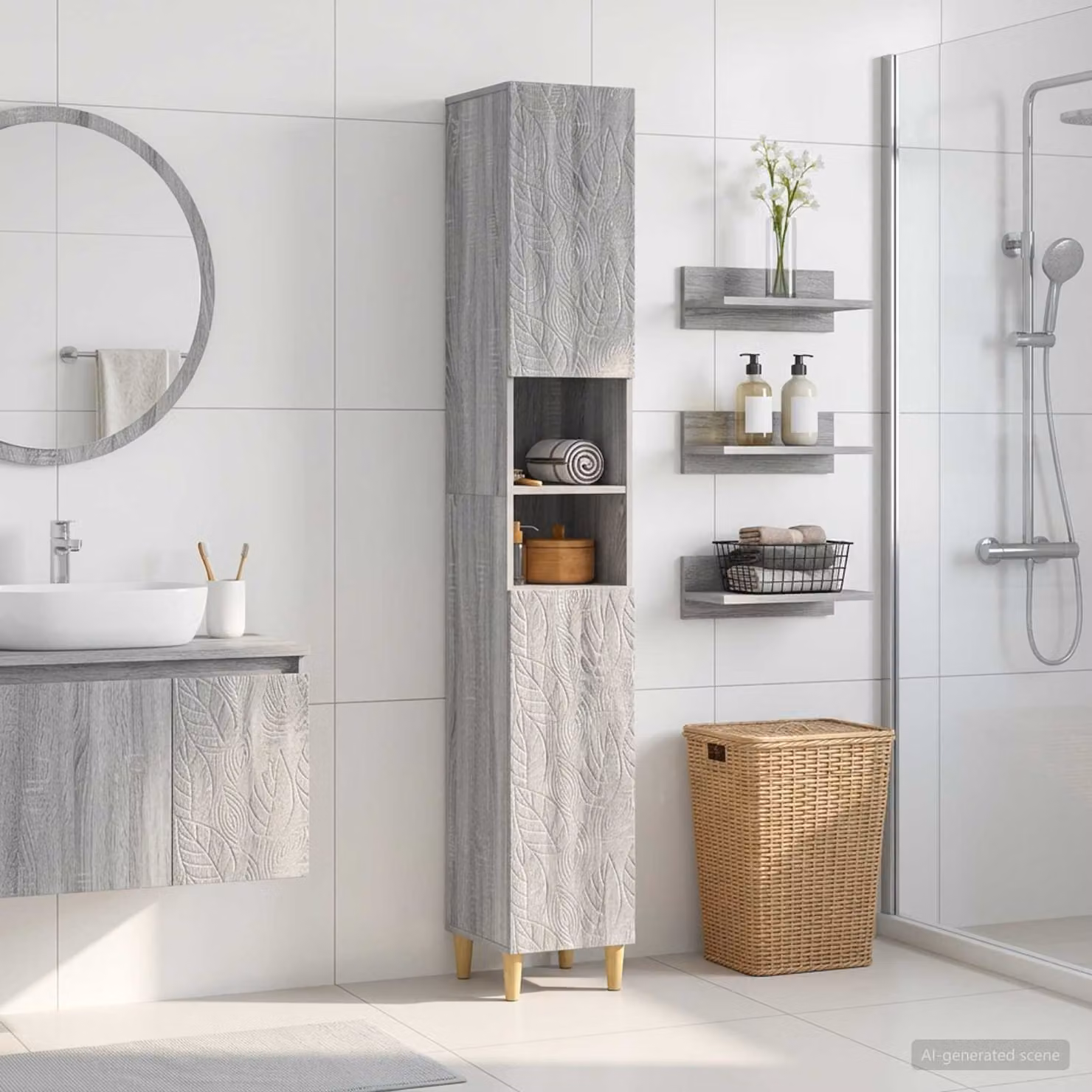 Armadio da bagno moderno vidaXL modello DELFT in MDF grigio con ripiano aperto e ante a battente L/P/H: 30,0 x 23,1 x 190,0 cm