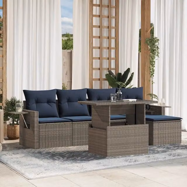 Set da giardino vidaXL in polyrattan composto da 6 pezzi con cuscini grigi e blu e tavolino da caffè – 1