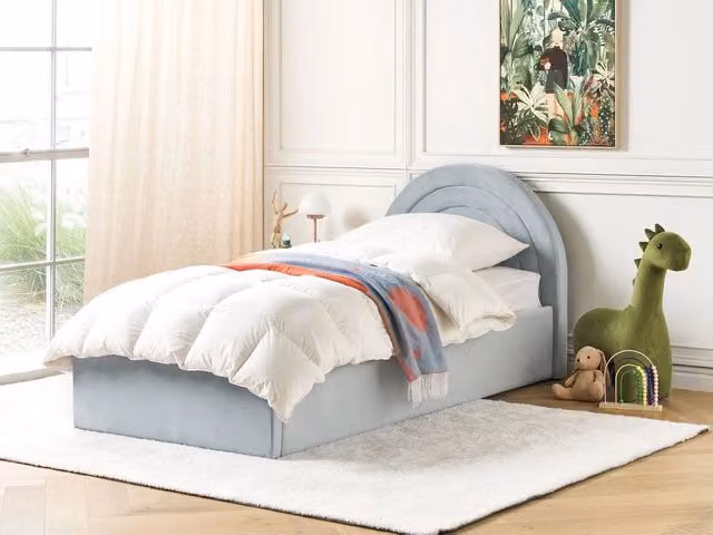 Letto Singolo con Contenitore BELIANI in Velluto Azzurro con Testiera a Mezza Luna Design Retro L/P/H: 90 x 200 x 110 cm