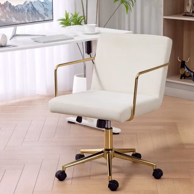 Sedia da ufficio girevole OKWISH moderna in tessuto bianco con braccioli e ruote, L: 57 cm, P: 57 cm, H: 90 cm – 1