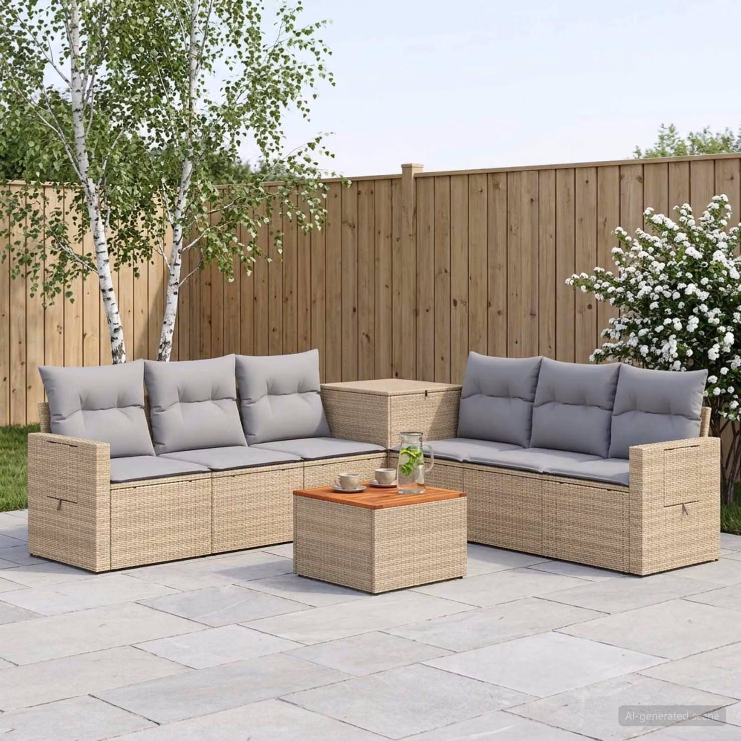 Set di divani da giardino vidaXL in polyrattan a forma di U con tavolo da caffè, 8 pezzi, Beige e Grigio