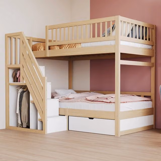 Letto a castello 90x200 cm con scale portaoggetti; cassetti; in legno bianco e colore naturale