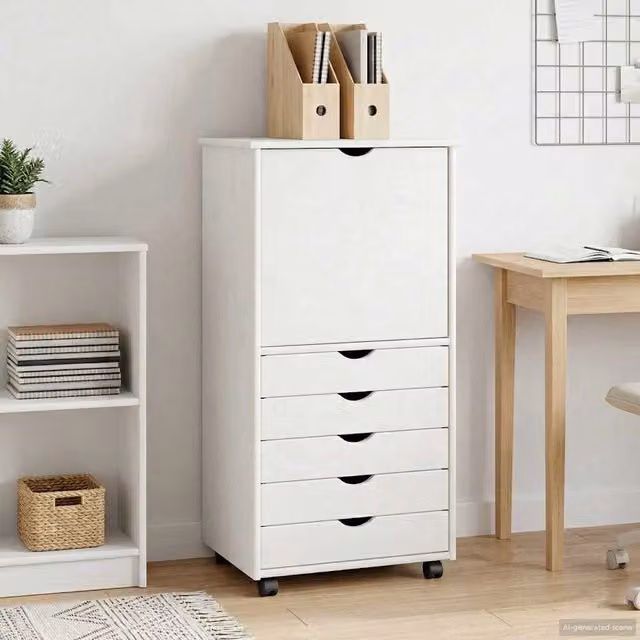 Mobile con Ruote vidaXL in Legno di Pino Massello Bianco L: 53 cm, P: 39 cm, H: 103 cm