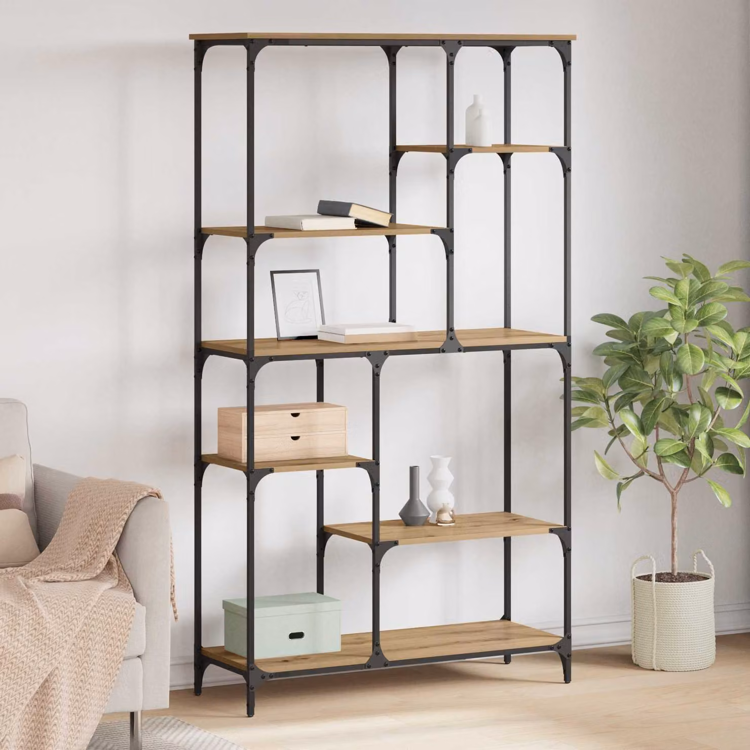 Libreria moderna vidaXL a 5 livelli in legno e metallo, colore marrone, L 99 x P 35,5 x H 176 cm