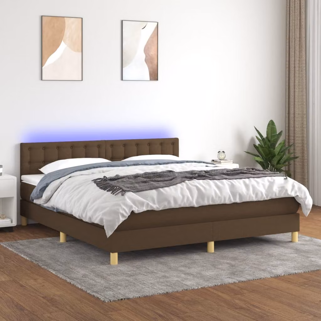 The Living Store Letto a molle con materasso e LED in tessuto marrone scuro 180x200 cm