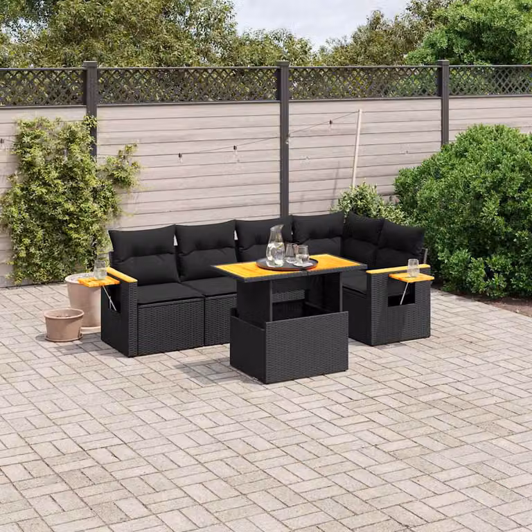 vidaXL Set Divano da Giardino 6 pz a L con Cuscini e Tavolino Nero in Polyrattan