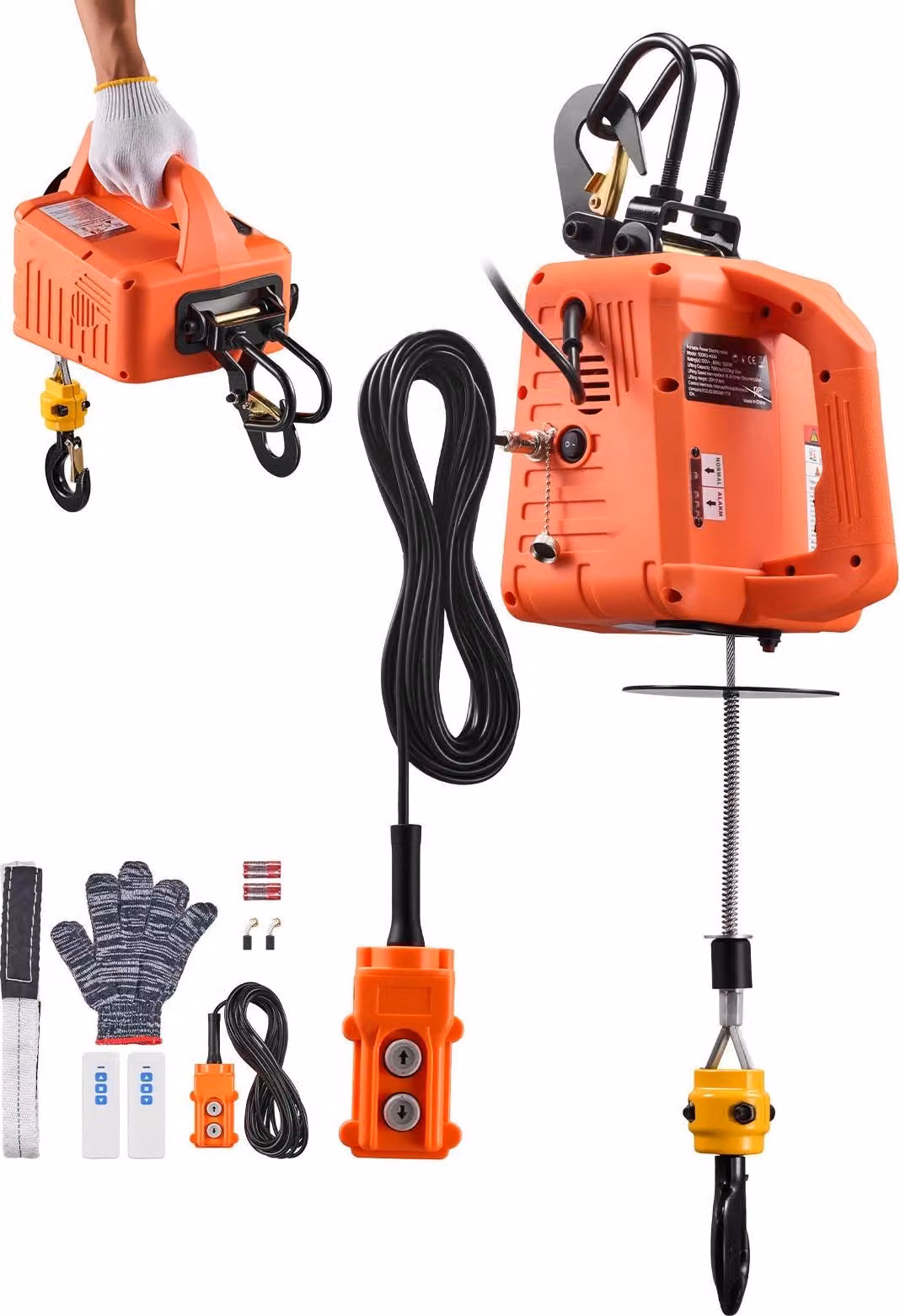 Verricello elettrico - Cavo di sollevamento 3 in 1 - Portata 500 kg - Motore da 1500 W - Altezza di sollevamento 7,6 m - Velocità di sollevamento 5 m/min - Telecomando manuale/cablato/wireless