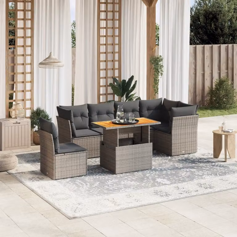 Set di divani da giardino vidaXL 7 pezzi in polyrattan grigio con cuscini e tavolino da esterno