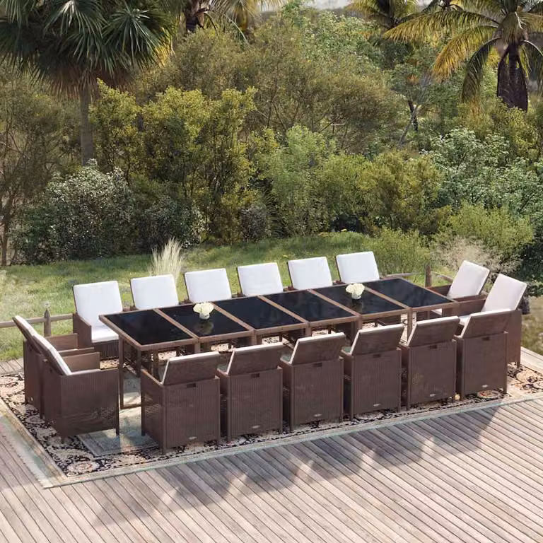 Set da pranzo per giardino vidaXL in polyrattan marrone con 17 pezzi e cuscini