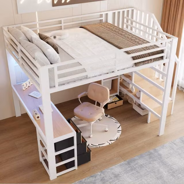 Letto a soppalco per bambini 140 × 200 cm con scrivania, 4 cassetti e LED regolabili, senza materasso, bianco