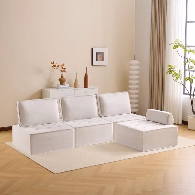 Divano modulare a L REDOM beige in tessuto moderno per soggiorno e camera da letto