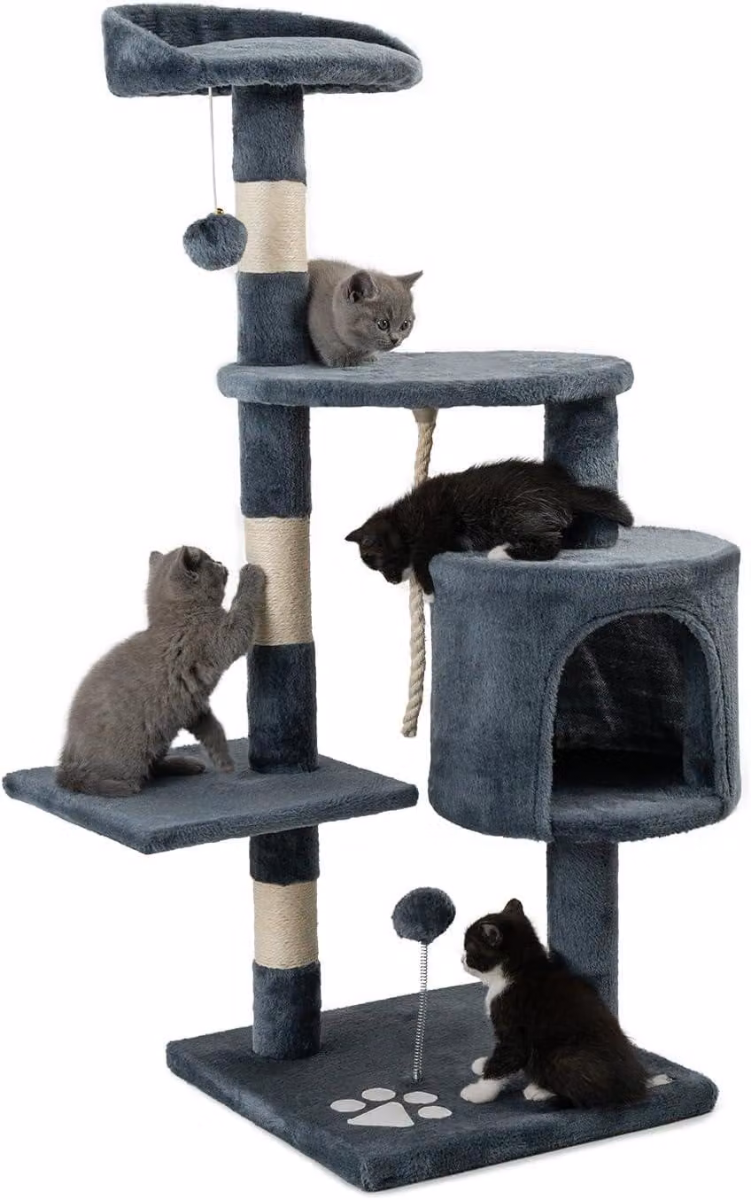 Albero per gatti - 4 livelli - con grotta e rivestito in sisal - altezza 112 cm - colore grigio