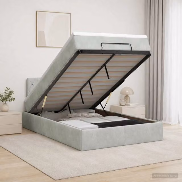 Letto ottomano moderno vidaXL in velluto grigio e bianco con contenitore a sollevamento, L 120 x P 200 x H 88 cm