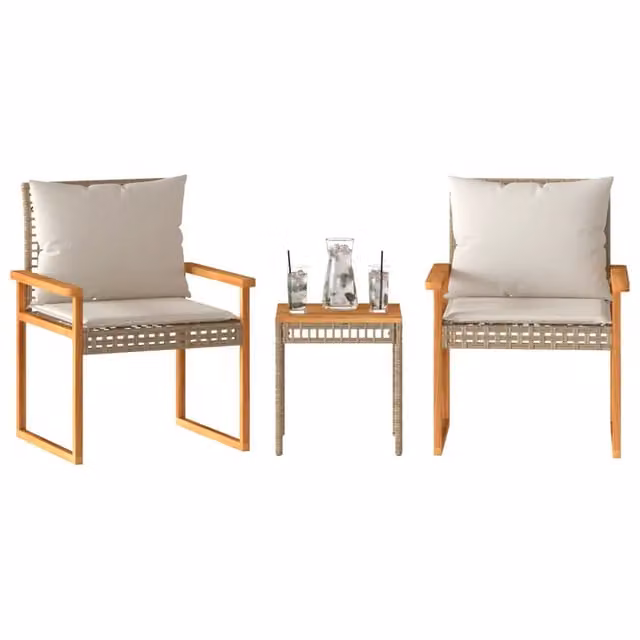 Set da Bistrò vidaXL 3 pz in Polyrattan e Legno di Acacia con Cuscini Beige per Giardino e Terrazzo