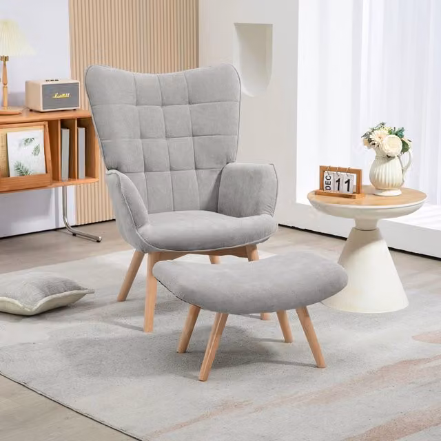Poltrona relax con pouf WISHDOR in tessuto grigio e gambe in legno di faggio, L: 101 cm, P: 72 cm, H: 80 cm – 1