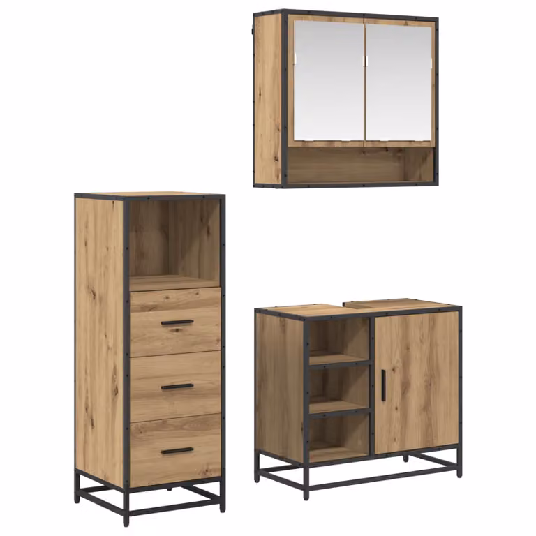 Set di mobili per il bagno vidaXL 3 pezzi in rovere e metallo nero, composto da mobile lavabo, armadietto alto e pensile con specchio