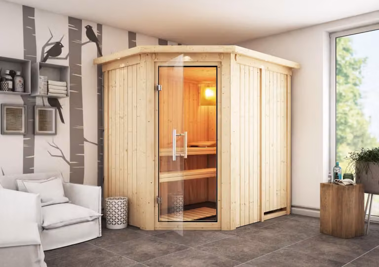 Sauna Carin: con cornice luminosa sul soffitto: 9 kW, stufa finlandese + centralina Easy Finn. Sauna Carin: con cornice luminosa sul soffitto. Stufa per sauna: 9 kW, stufa finlandese + centralina Easy Finn. Porta per sauna: porta in vetro trasparente