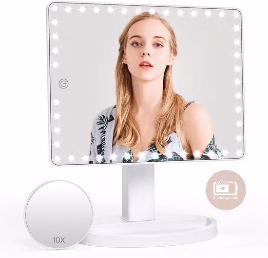 Specchio cosmetico dimmerabile, ruotabile a 360°, bianco