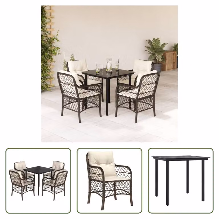 The Living Store Set da pranzo da giardino 5 pezzi con cuscini in polirattan marrone