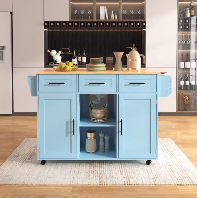 Carrello da cucina con piano ribaltabile; 3 cassetti e ripiani; blu; 139 x 46(71) x 91;5 cm