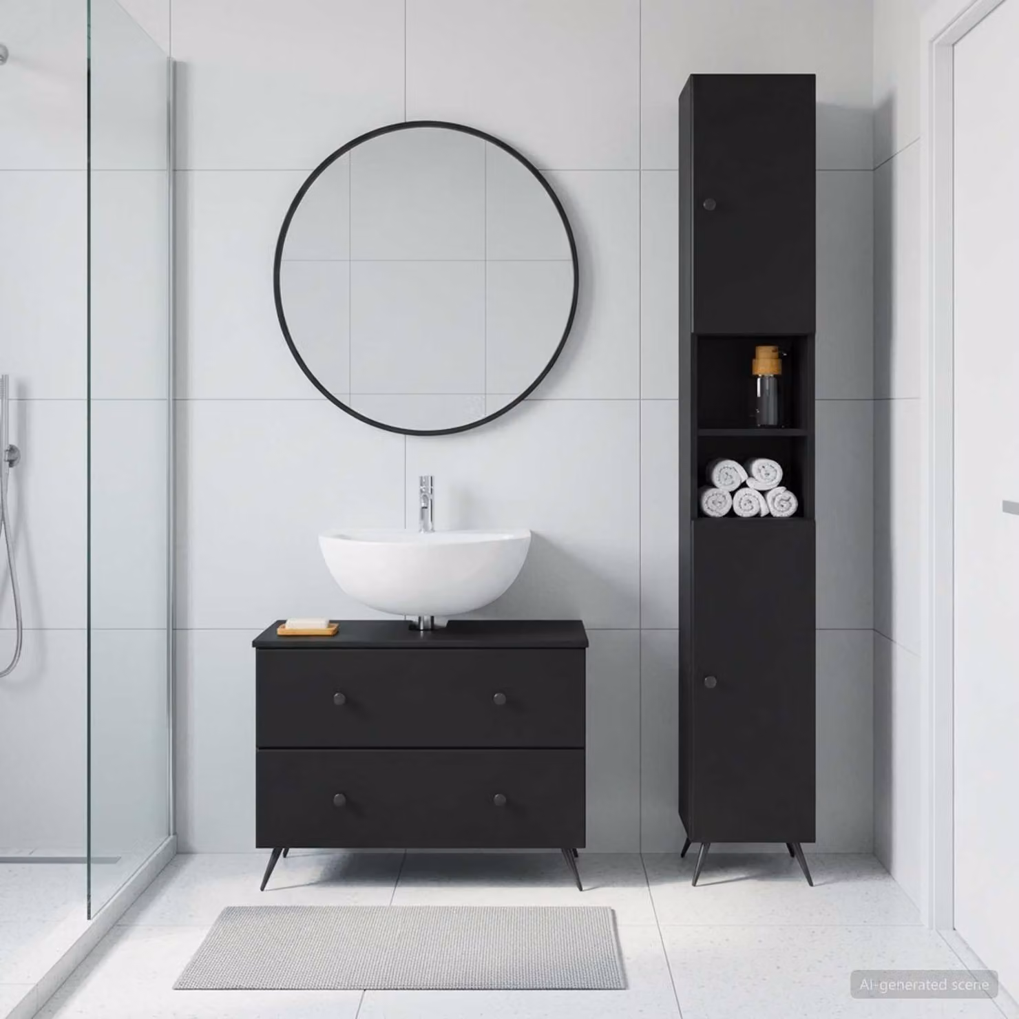 Set di mobili da bagno moderno vidaXL BREDA composto da 2 pezzi in legno nero opaco L/P/H: 120 x 46,5 x 76,7 x 190 cm