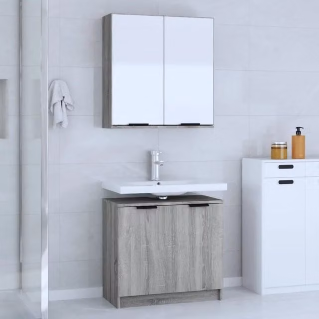 Set Mobili da Bagno Moderno vidaXL in Legno Grigio con Mobile Lavabo e Armadietto Specchio a Parete