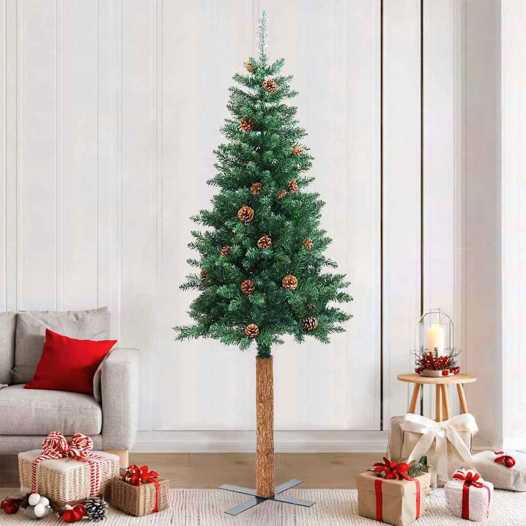 vidaXL Albero di Natale Sottile in PVC e Legno Vero con Pigne, Verde, Altezza: 210 cm – 2